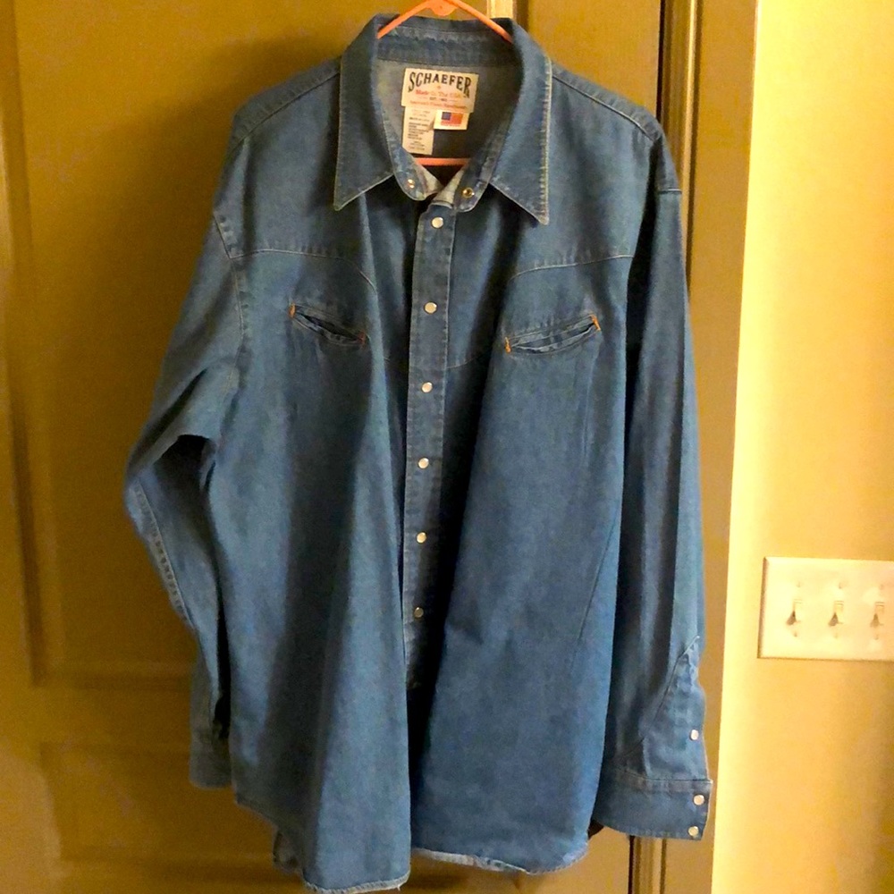 Schaefer Outfitters denim pearl snap shirt